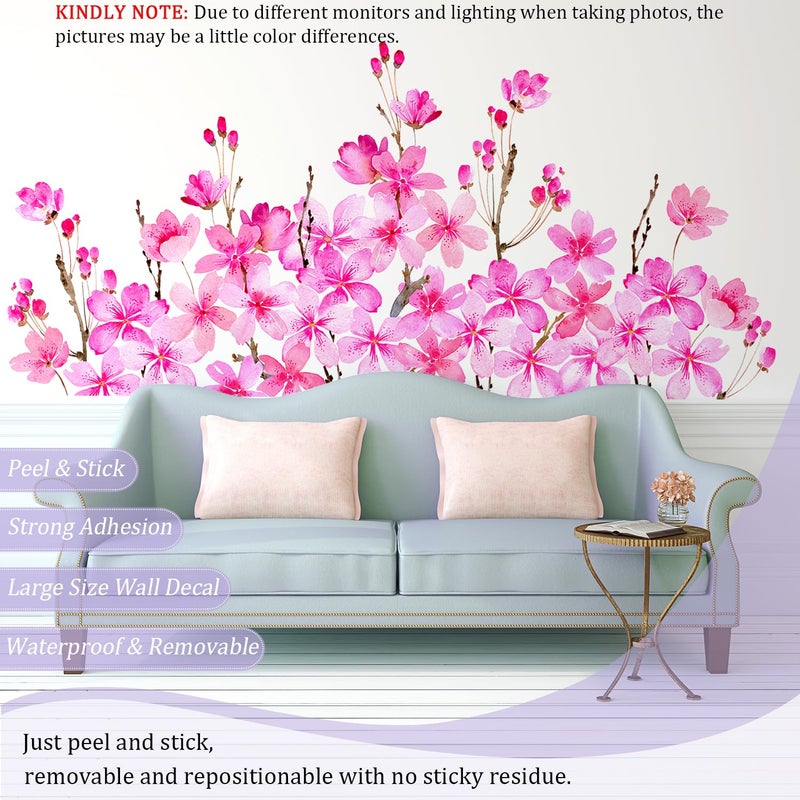 VePret Cherry Blossom Flowers Wall Decals Peel and Stick, Large Floral Vinyl Wall Stickers, Removable Vine Home Decor Art for Bedroom Living Room Classroom Office - Image 3