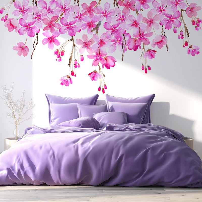 VePret Cherry Blossom Flowers Wall Decals Peel and Stick, Large Floral Vinyl Wall Stickers, Removable Vine Home Decor Art for Bedroom Living Room Classroom Office - Image 1