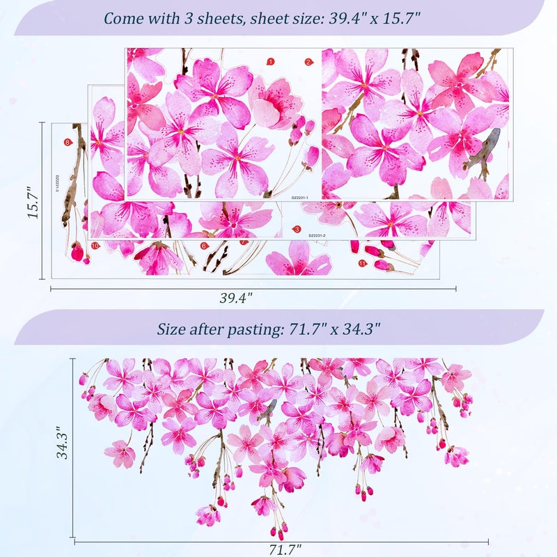 VePret Cherry Blossom Flowers Wall Decals Peel and Stick, Large Floral Vinyl Wall Stickers, Removable Vine Home Decor Art for Bedroom Living Room Classroom Office - Image 2