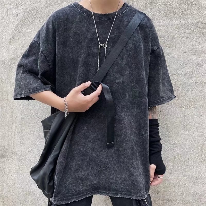 American Street Trendy Brand Solid Color Short-Sleeved T-Shirt Men'S Summer Washed Old Loose All-Match Duffy Handsome Half-Sleeved T-Shirt - Image 1