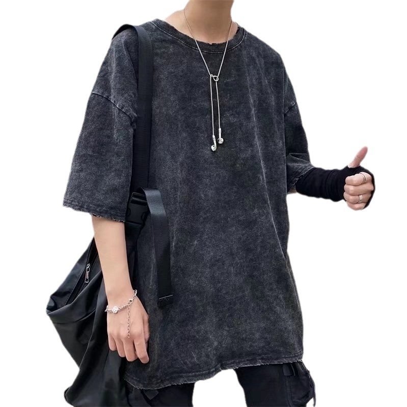 American Street Trendy Brand Solid Color Short-Sleeved T-Shirt Men'S Summer Washed Old Loose All-Match Duffy Handsome Half-Sleeved T-Shirt - Image 4