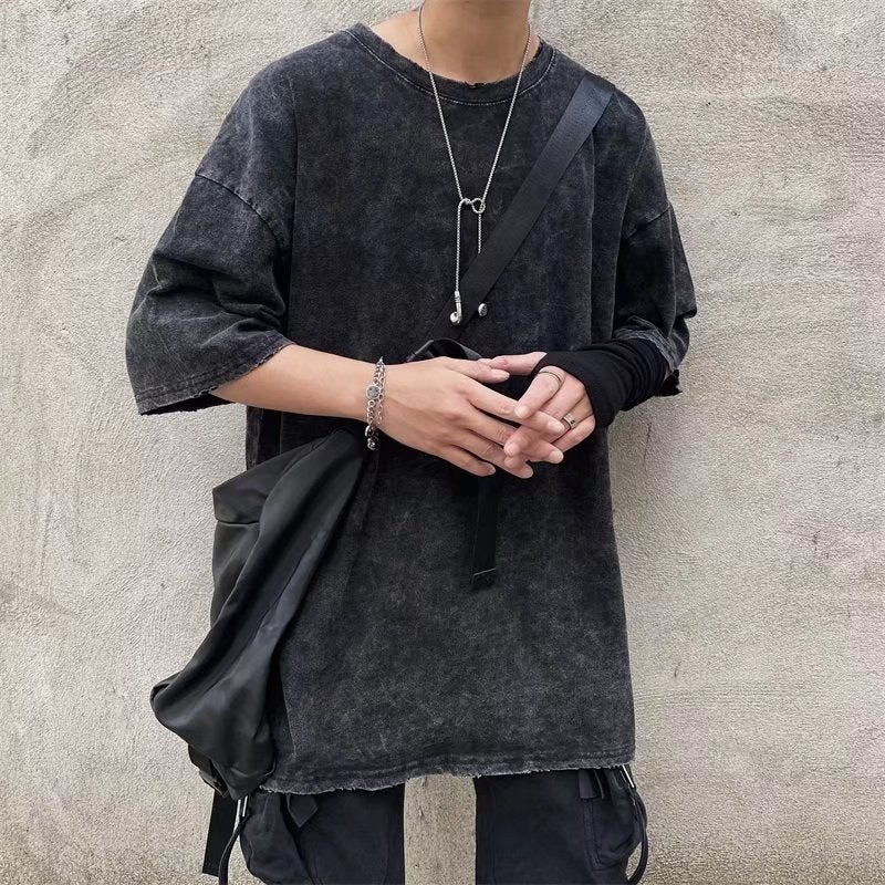 American Street Trendy Brand Solid Color Short-Sleeved T-Shirt Men'S Summer Washed Old Loose All-Match Duffy Handsome Half-Sleeved T-Shirt - Image 3