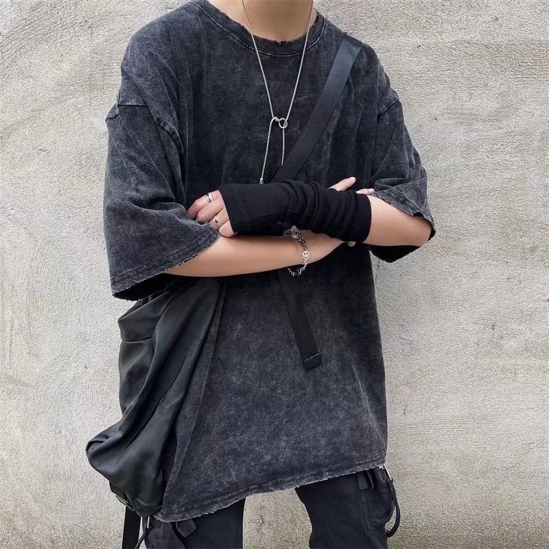 American Street Trendy Brand Solid Color Short-Sleeved T-Shirt Men'S Summer Washed Old Loose All-Match Duffy Handsome Half-Sleeved T-Shirt - Image 2