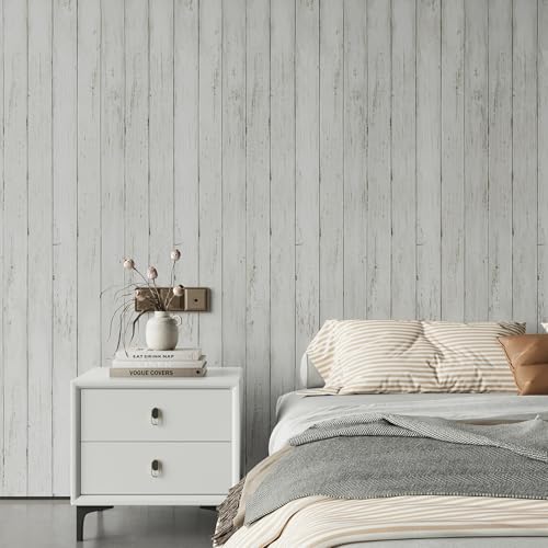Abyssaly White Grey Wood Self Adhesive Paper 17.71 in X 32.8 Ft Removable Wood Peel and Stick Wallpaper Decorative Wall Covering Vintage Wood Panel Interior Film - Image 5