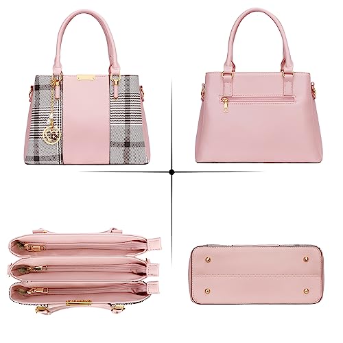 KKXIU 3 Zippered Compartments Purses and Handbags for Women Top Handle Satchel Shoulder Ladies Bags (B-pink stripe) - Image 4