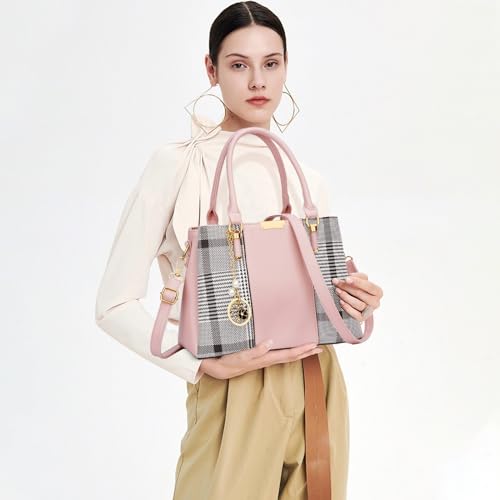 KKXIU 3 Zippered Compartments Purses and Handbags for Women Top Handle Satchel Shoulder Ladies Bags (B-pink stripe) - Image 2