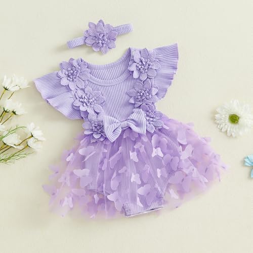 ZAXARRA Newborn Baby Girl Summer Dress Ruffle Sleeveless Floral Embroidery Romper Dress Headband Beautiful Clothes Set (Purple1, 0-3 Months) - Image 3