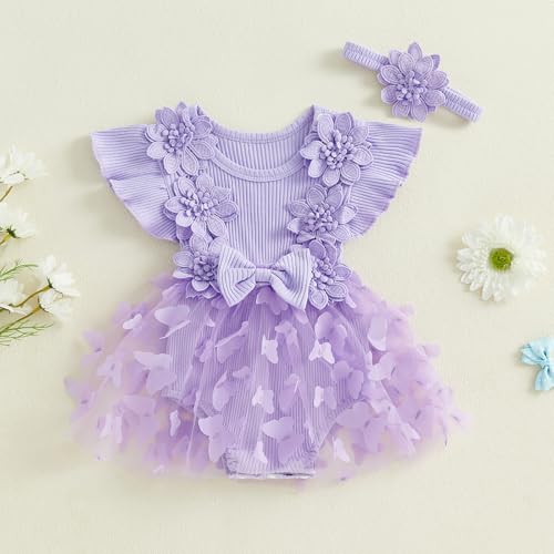 ZAXARRA Newborn Baby Girl Summer Dress Ruffle Sleeveless Floral Embroidery Romper Dress Headband Beautiful Clothes Set (Purple1, 0-3 Months) - Image 2