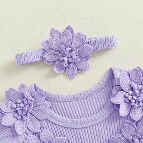 ZAXARRA Newborn Baby Girl Summer Dress Ruffle Sleeveless Floral Embroidery Romper Dress Headband Beautiful Clothes Set (Purple1, 0-3 Months) - Image 5