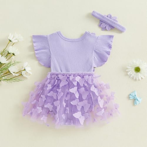 ZAXARRA Newborn Baby Girl Summer Dress Ruffle Sleeveless Floral Embroidery Romper Dress Headband Beautiful Clothes Set (Purple1, 0-3 Months) - Image 4