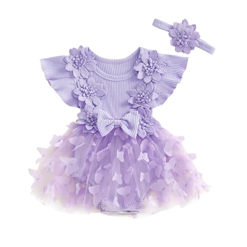 ZAXARRA Newborn Baby Girl Summer Dress Ruffle Sleeveless Floral Embroidery Romper Dress Headband Beautiful Clothes Set (Purple1, 0-3 Months) - Image 1