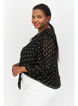 INC Women V Neck Long Sleeve Allover Print Blouse, Black  - Image 4