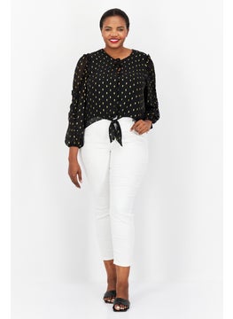 INC Women V Neck Long Sleeve Allover Print Blouse, Black  - Image 3