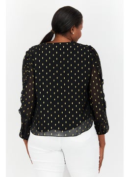 INC Women V Neck Long Sleeve Allover Print Blouse, Black  - Image 2