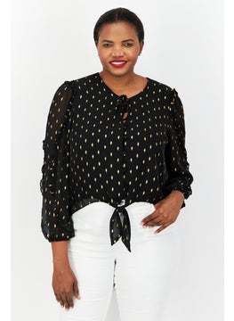 INC Women V Neck Long Sleeve Allover Print Blouse, Black  - Image 1