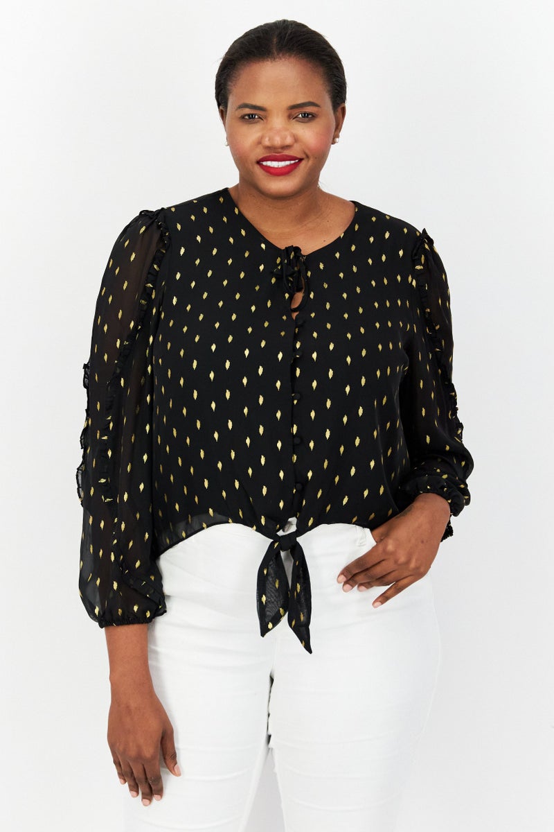 INC Women V Neck Long Sleeve Allover Print Blouse, Black - Image 1