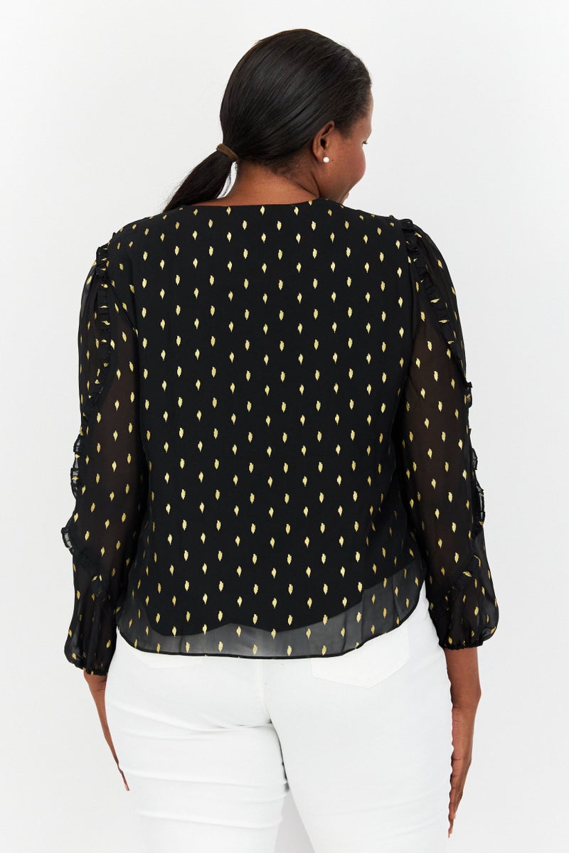 INC Women V Neck Long Sleeve Allover Print Blouse, Black - Image 2