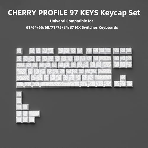 FunHub White Topographic PBT Keycaps,97 Key Caps Set Side Printed,No Tear & Fade Shine Through RGB Backlit Cherry Profile Keycaps (Ergonomic,Doubleshot) for 61/64/66/68/71/75/84/87 MX Mechanical Keyboards - Image 5