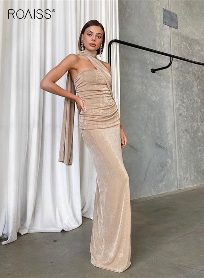 roaiss Elegant Bandeau Gown Bustier Neckline with Flowing Sash Draped Details Bodycon Floor-Length Evening Dress for Banquet Party - Image 1