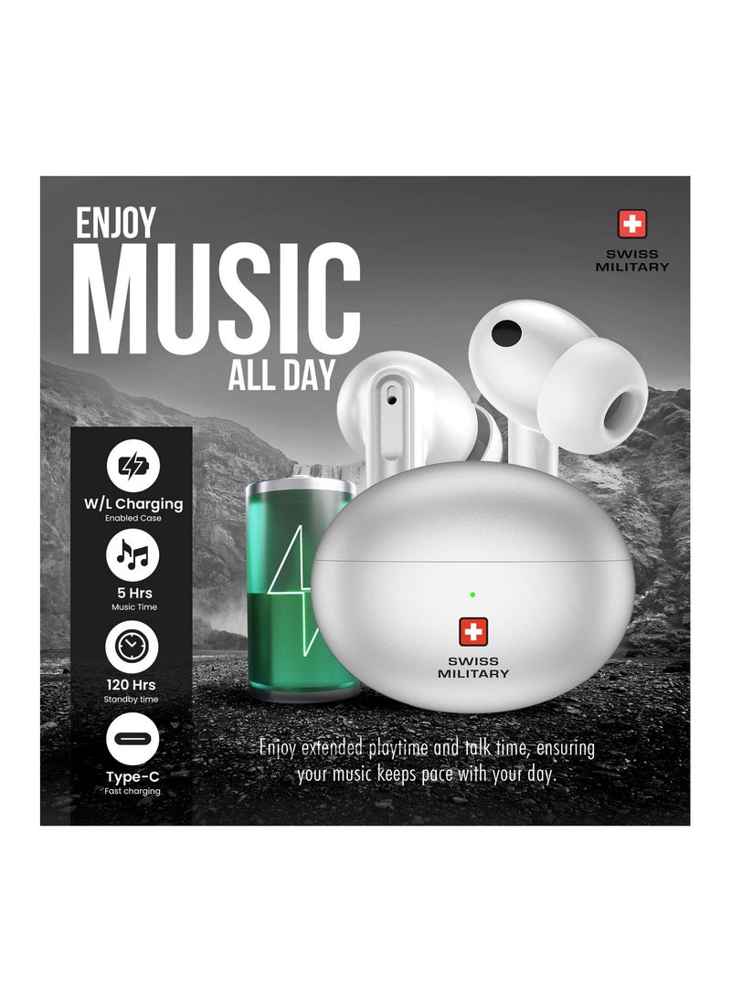 SWISS MILITARY Military Victor 3 Wireless Earbuds Bluetooth With Active Noise Cancelling, ENC, 5Hr Music, Wireless Charging Case, 120Hr Standby, Compatible With iPhones, Samsung And Other Smartphones - Silver  - Image 3