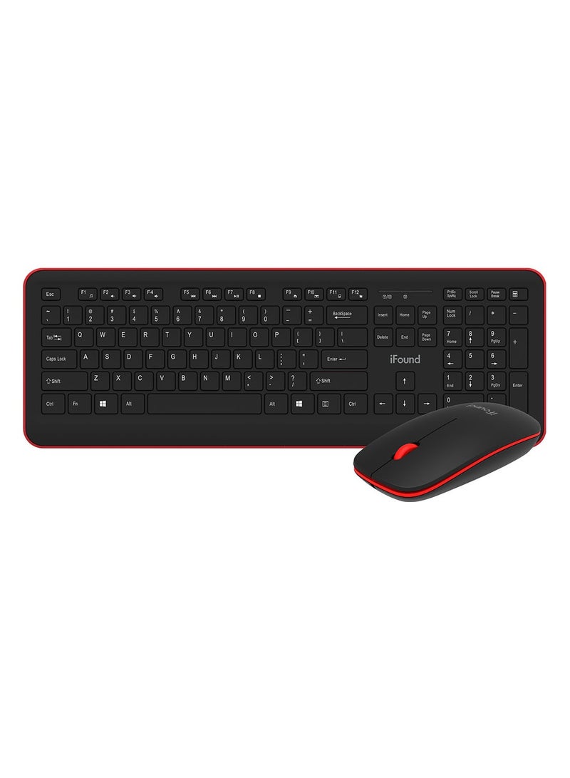 IFound 2.4G Wireless Keyboard and Mouse,USB Compact Full Size Keyboard Mouse Combo for Windows,Computer, Desktop,PC,Notebook Black Red  - Image 1