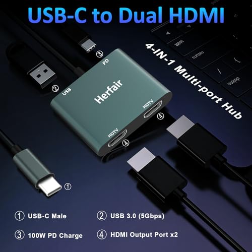 Herfair HDMI Splitter for Dual Monitors Extended Display 1 in 2 Out 4K USB C to 2 HDMI Adapter Extender for MacBook Laptop Support All Mode for Windows & ABB Extend/Mirror Mode for MacOS - Image 5