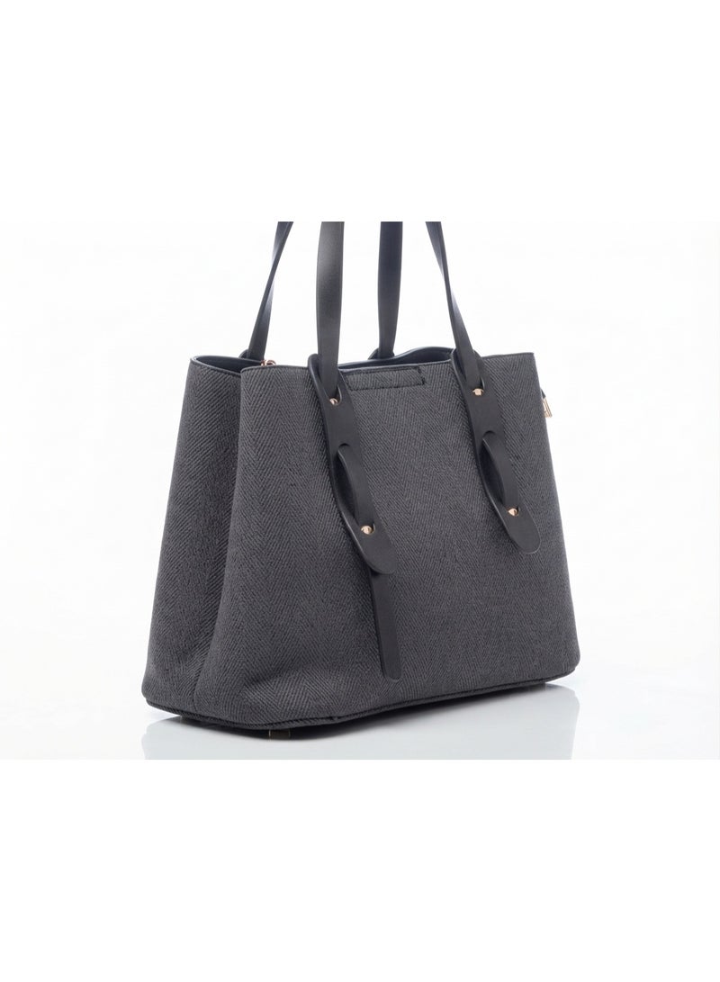 Women's Classic Modern Handbag with Herringbone Texture - Charcoal Grey - Image 1