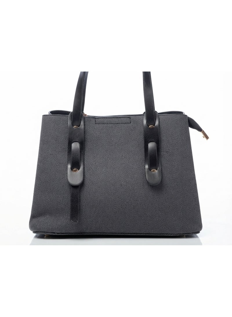 Women's Classic Modern Handbag with Herringbone Texture - Charcoal Grey - Image 3