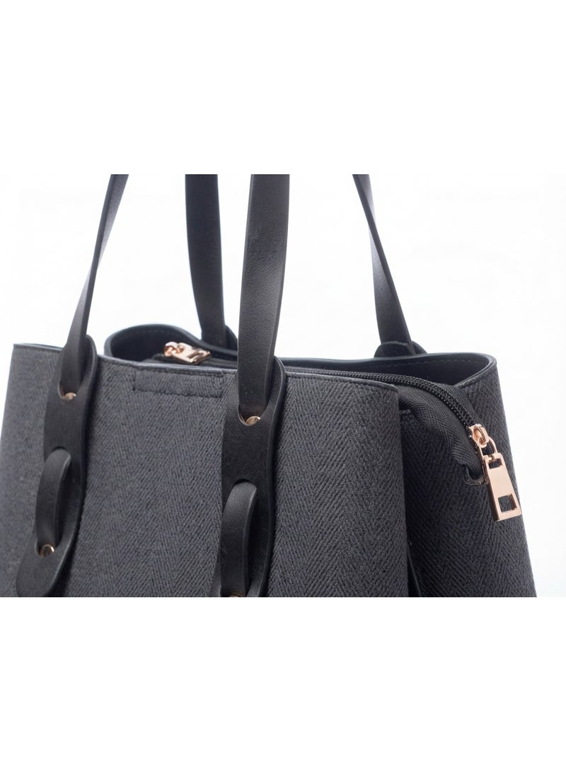 Women's Classic Modern Handbag with Herringbone Texture - Charcoal Grey - Image 2