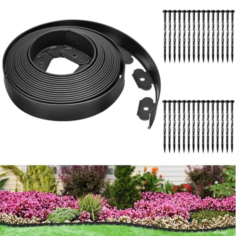 No Dig Landscape Edging Kit 10 M Flexible Lawn Edging Roll with 30 Spikes 10 CM Tall Border for Flower Beds Yard Pathway Landscaping Home Garden Office Use Heavy-Duty PVC Material - Image 1