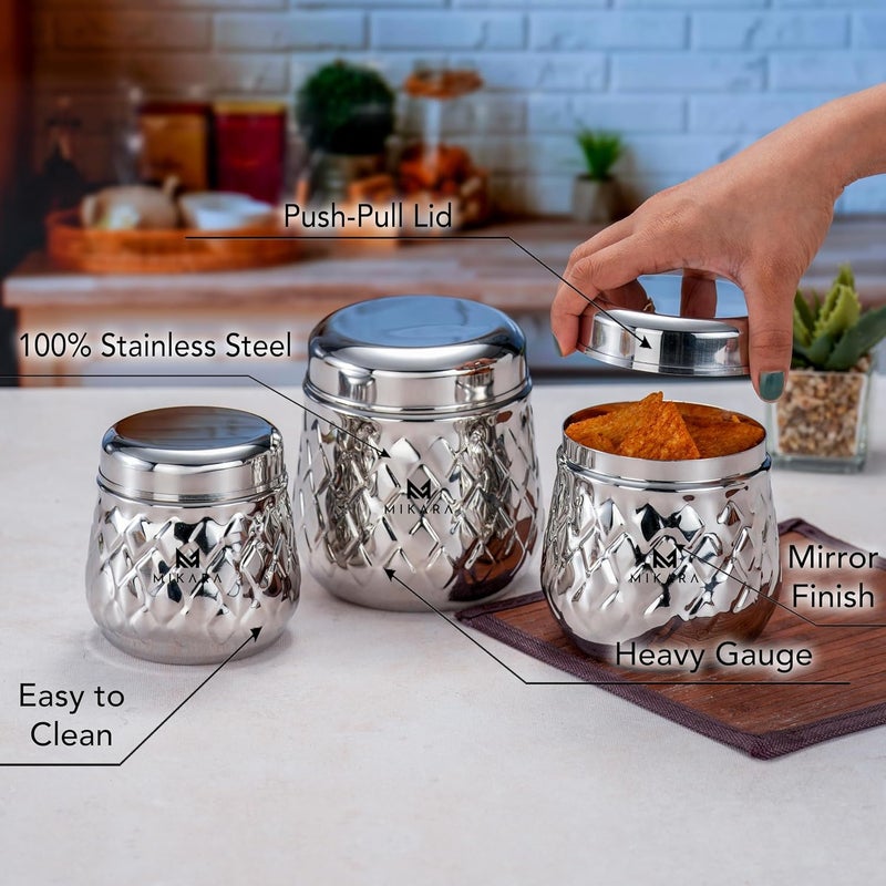 MIKARA MIKARA Stainless Steel DabbaStainless Steel Hammer DabbaTea Sugar Coffee DabbaStainless Steel Premium DabbaStainless Steel Canister Set of 3400600800mlSteel Dabba set  - Image 5