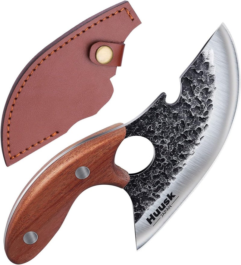 Huusk Knives, Viking Boning Knife for Meat Cutting, Small Ulu knives, Caveman Ultimo Knives Hand Forged Full Tang Knives for Kitchen or Camping Christmas Gift - Image 1