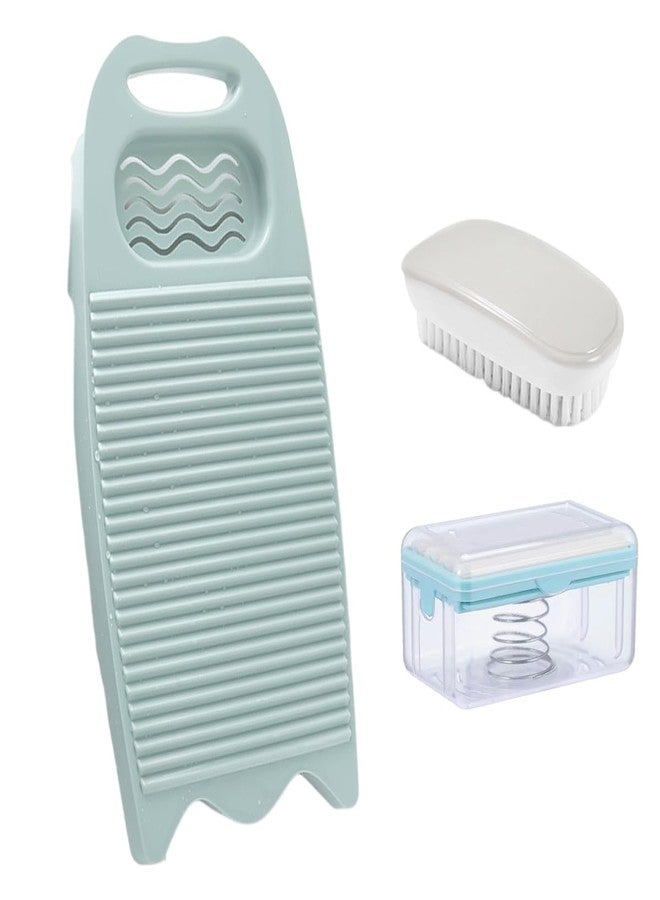 LLpotata Wash Board, Washboard for Hand Washing Clothes, Plastics Laundry Scrub Board Household With Holder Portable (D-light blue+multifunctional soap dish+soft bristle brush) - Image 1