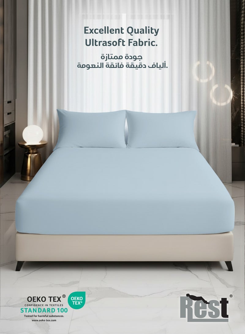 REST 3-Piece Sky Blue Plush 180x200+30cm Fitted Bedsheet Set Includes 1 Deep Pocket Fitted Bedsheet and 2 Pillow Covers, Breathable and Machine Washable - Image 2