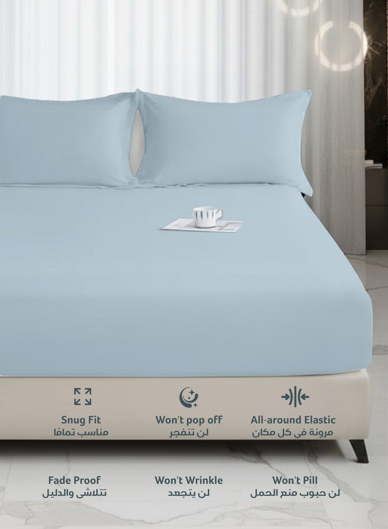 REST 3-Piece Sky Blue Plush 180x200+30cm Fitted Bedsheet Set Includes 1 Deep Pocket Fitted Bedsheet and 2 Pillow Covers, Breathable and Machine Washable - Image 3