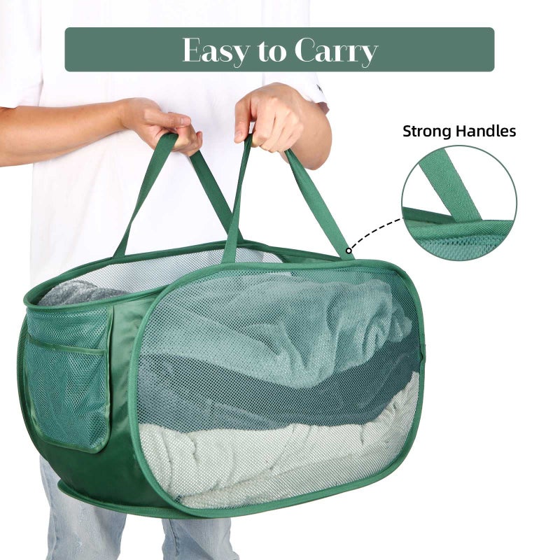 Bemkoo Sturdy Mesh Pop Up Laundry Hamper, Collapsible Laundry Baskets with Side Pocket, Foldable Clothes Hamper with Reinforced Carry Handles for Laundry, Bathroom, Kids Room, Dorm or Travel 2 Pack Emerald - Image 5