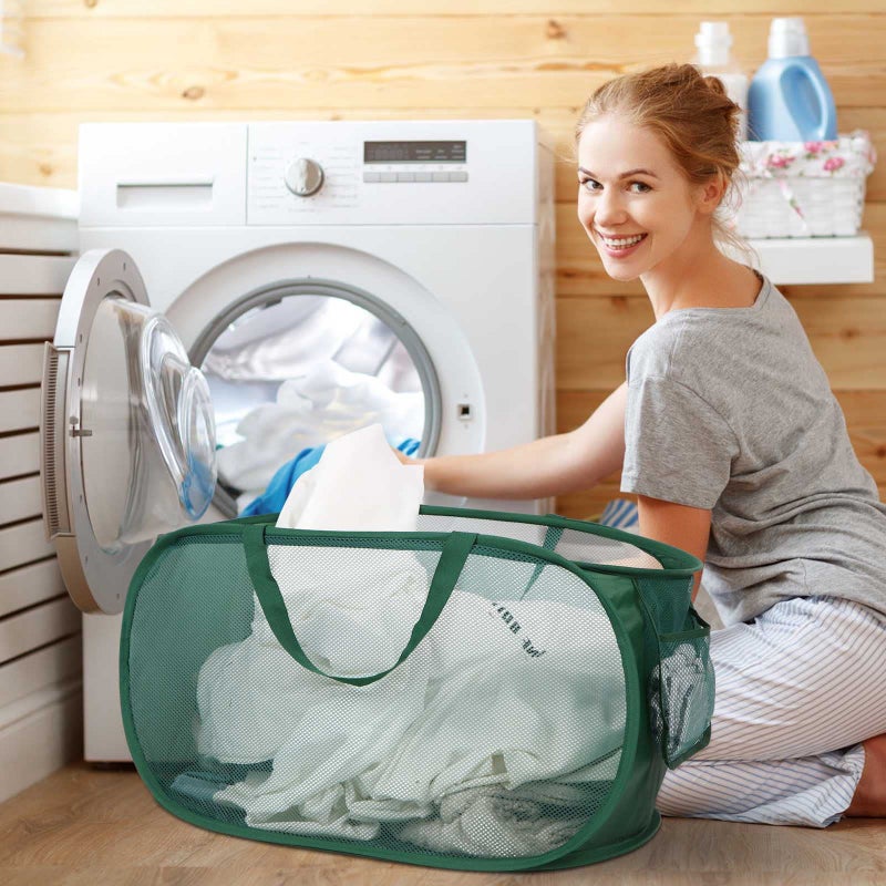 Bemkoo Sturdy Mesh Pop Up Laundry Hamper, Collapsible Laundry Baskets with Side Pocket, Foldable Clothes Hamper with Reinforced Carry Handles for Laundry, Bathroom, Kids Room, Dorm or Travel 2 Pack Emerald - Image 2