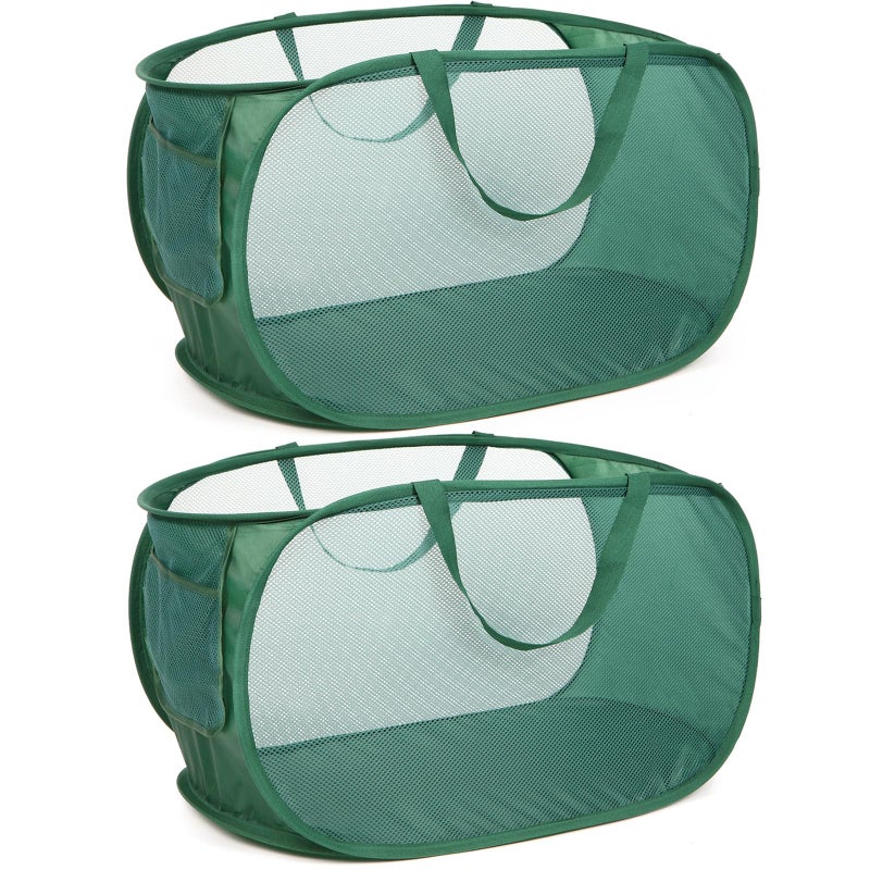 Bemkoo Sturdy Mesh Pop Up Laundry Hamper, Collapsible Laundry Baskets with Side Pocket, Foldable Clothes Hamper with Reinforced Carry Handles for Laundry, Bathroom, Kids Room, Dorm or Travel 2 Pack Emerald - Image 1