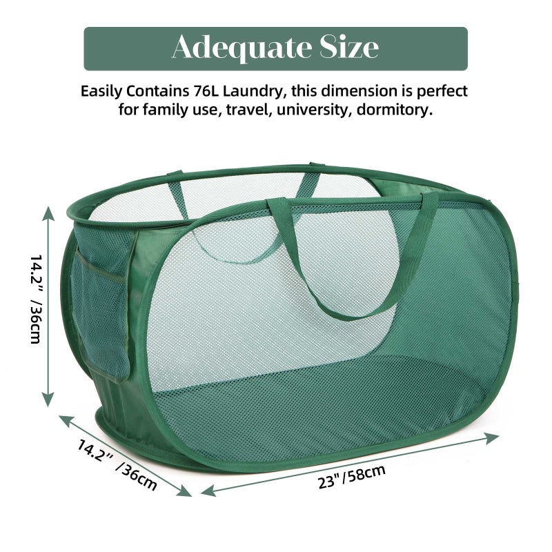 Bemkoo Sturdy Mesh Pop Up Laundry Hamper, Collapsible Laundry Baskets with Side Pocket, Foldable Clothes Hamper with Reinforced Carry Handles for Laundry, Bathroom, Kids Room, Dorm or Travel 2 Pack Emerald - Image 3