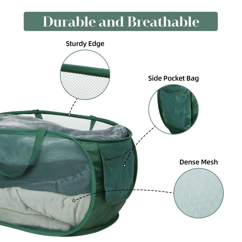 Bemkoo Sturdy Mesh Pop Up Laundry Hamper, Collapsible Laundry Baskets with Side Pocket, Foldable Clothes Hamper with Reinforced Carry Handles for Laundry, Bathroom, Kids Room, Dorm or Travel 2 Pack Emerald - Image 4