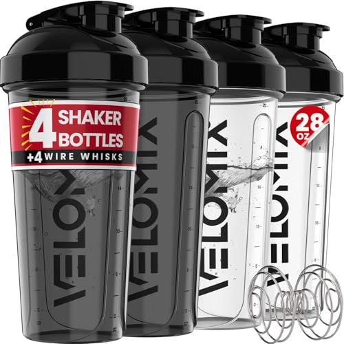 VELOMIX -4 PACK- 28 oz Protein Shaker Bottle for Protein Mixes - 4x Wire Whisk | Leak Proof Shaker Cups for Protein Shakes | Protein Shaker Bottle Pack | Protein Shake Cup (Clear Set) - Image 1