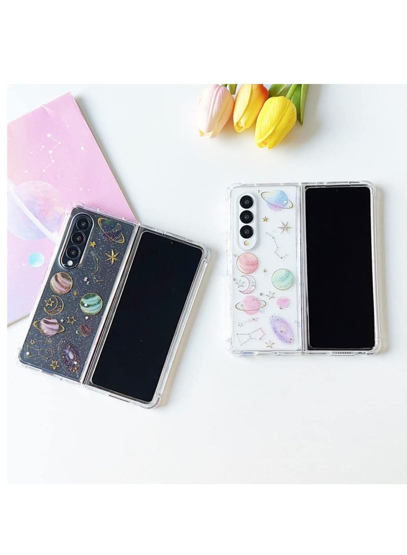 Excefore For Samsung Z Fold 5 5G Case Space Theme Clear with Design Bling Glitter Sparkly Stars and Moon Planet Durable Shockproof Transparent Universe Phone Protective Cover Women Girls Z5 Fold - Image 2