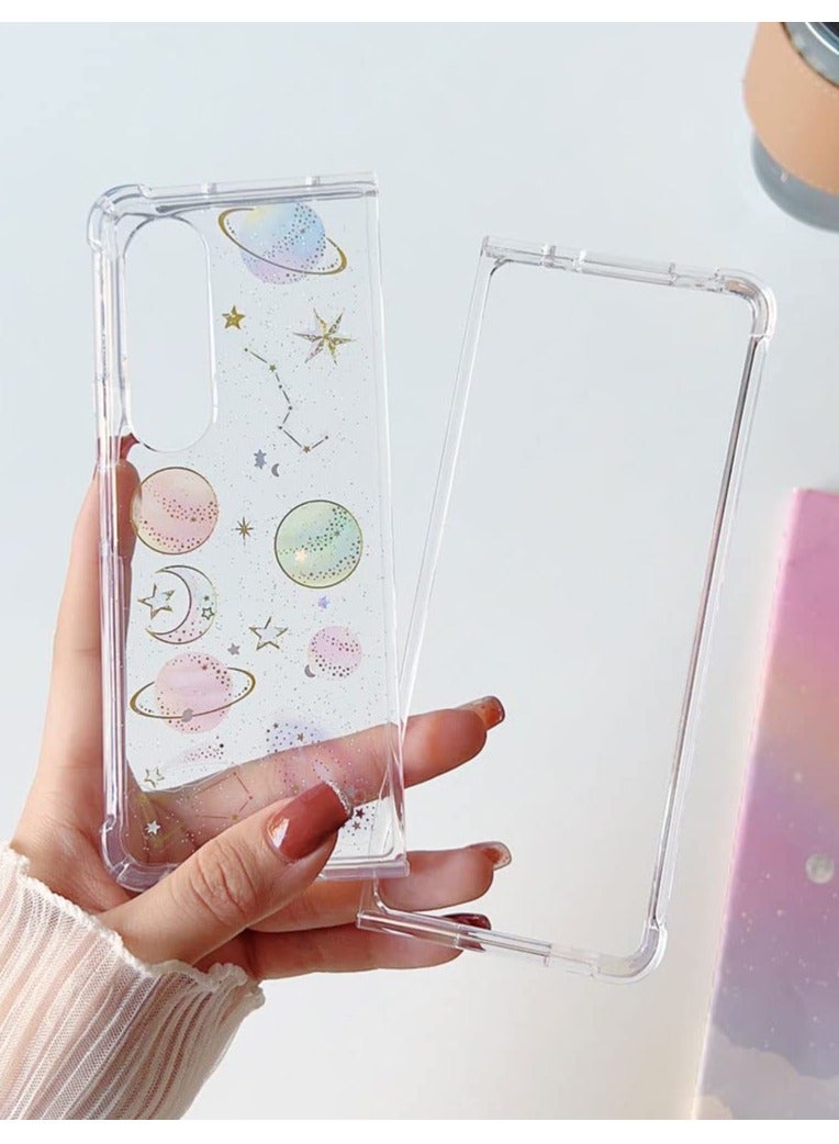 Excefore For Samsung Z Fold 5 5G Case Space Theme Clear with Design Bling Glitter Sparkly Stars and Moon Planet Durable Shockproof Transparent Universe Phone Protective Cover Women Girls Z5 Fold - Image 3