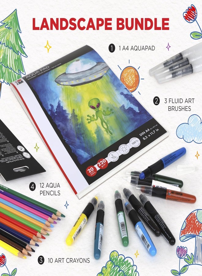 Marabu Mixed Media Drawing Set - 20 Sheets Watercolor Paper, 12 Watercolor Pencils with 10 Watercolor Crayons and Water-Fillable Brush Set - The Ultimate Landscape Adventure - Image 2