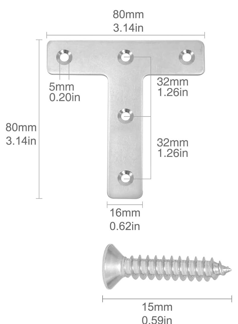 Rubik 8pcs Flat Corner Brace with Screws, Stainless Steel T Shaped Brackets for Wood Desk Chair Cabinet Drawer Closet Frame Furniture Joint Repair (80x80x1mm)  - Image 2