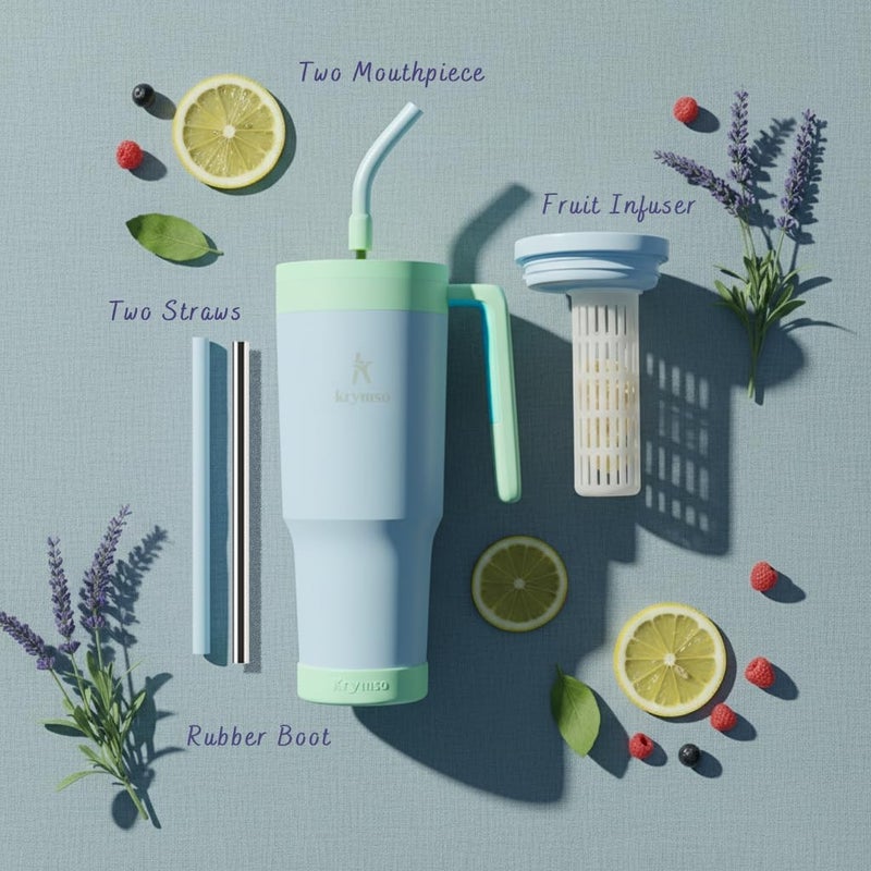 KRYMSO 1200ml Stainless Steel Tumbler with Handle, Straw Lid, Silicon Base, Vacuum Insulated, Leak-Proof, Reusable Travel Mug for Coffee, Smoothie, Water, Iced Drinks with infuser (Blue) - Image 3