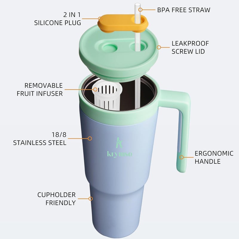 KRYMSO 1200ml Stainless Steel Tumbler with Handle, Straw Lid, Silicon Base, Vacuum Insulated, Leak-Proof, Reusable Travel Mug for Coffee, Smoothie, Water, Iced Drinks with infuser (Blue) - Image 4