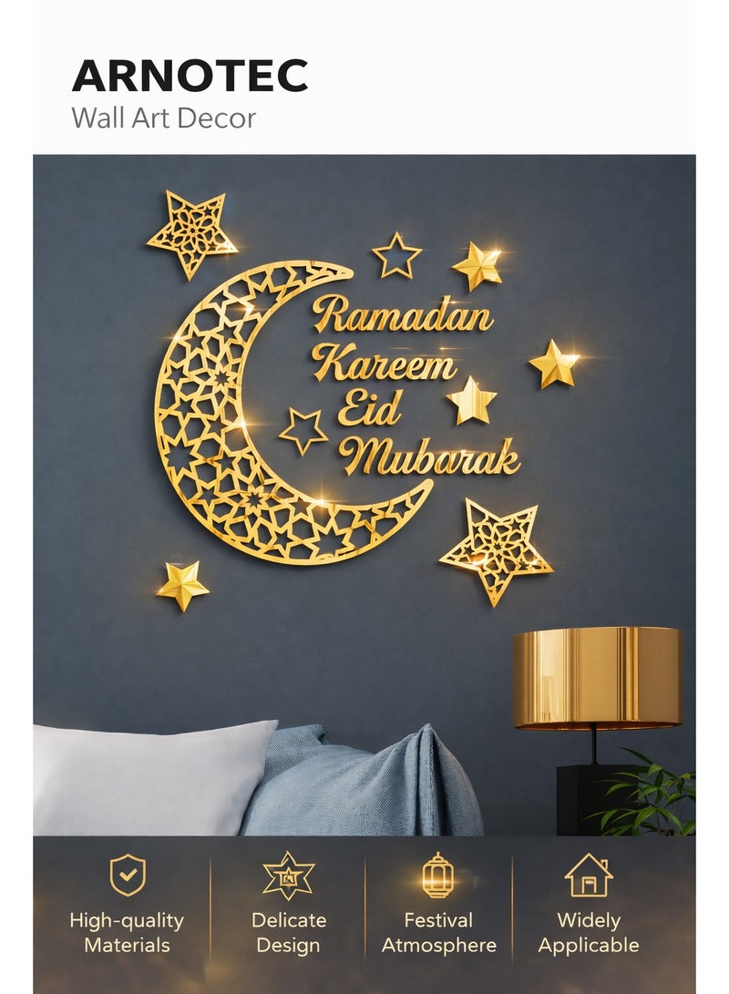 ARNOTEC ديكور فن الجدران - ملصقات جدارية أكريليك ثلاثية الأبعاد لرمضان كريم مع نجمة وقمر، ديكور مرآة إسلامية، ملصقات جدارية ذاتية اللصق للمسلمين، زينة منزلية - Image 1