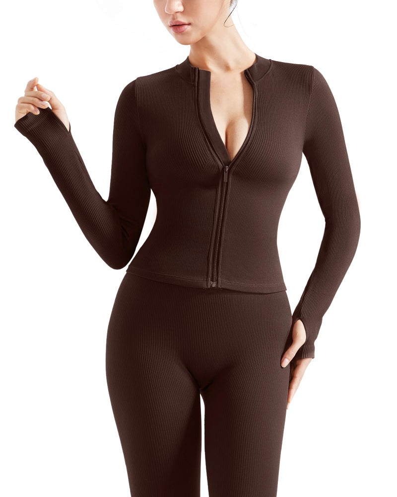 SUUKSESS Women 2 Piece Seamless Ribbed Workout Sets Tracksuit With Zip Up Jacket High Waisted Gym Yoga Leggings (Brown,XL) - Image 2