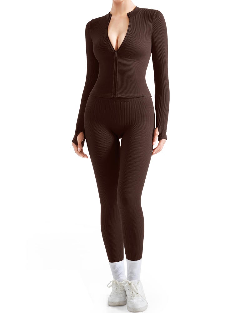 SUUKSESS Women 2 Piece Seamless Ribbed Workout Sets Tracksuit With Zip Up Jacket High Waisted Gym Yoga Leggings (Brown,XL) - Image 1